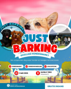 Promobeeld voor Just Barking hondenevent in Elewijt met honden, datum 9 mei 2026 en vermelding gratis toegang